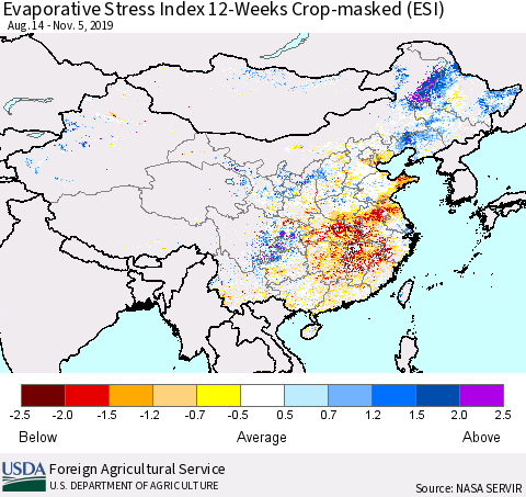 China, Mongolia and Taiwan Evaporative Stress Index (ESI), 12-Weeks over Croplands Thematic Map For 11/4/2019 - 11/10/2019
