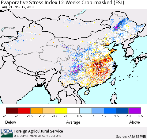 China, Mongolia and Taiwan Evaporative Stress Index (ESI), 12-Weeks over Croplands Thematic Map For 11/11/2019 - 11/17/2019