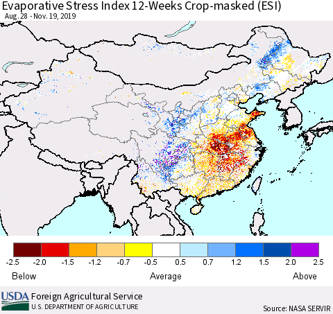 China, Mongolia and Taiwan Evaporative Stress Index (ESI), 12-Weeks over Croplands Thematic Map For 11/18/2019 - 11/24/2019