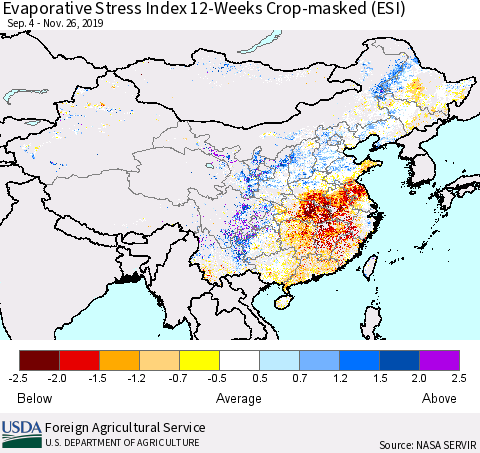 China, Mongolia and Taiwan Evaporative Stress Index (ESI), 12-Weeks over Croplands Thematic Map For 11/25/2019 - 12/1/2019