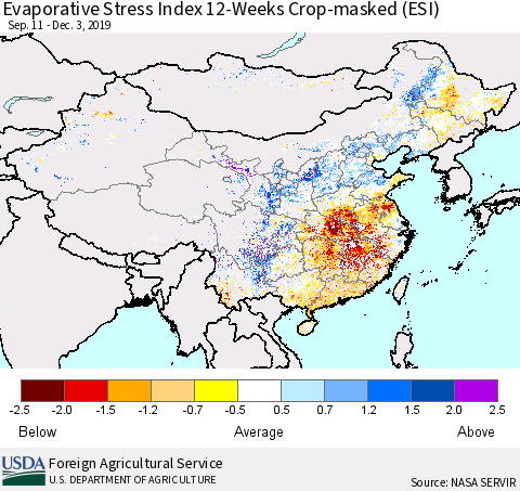 China, Mongolia and Taiwan Evaporative Stress Index (ESI), 12-Weeks over Croplands Thematic Map For 12/2/2019 - 12/8/2019