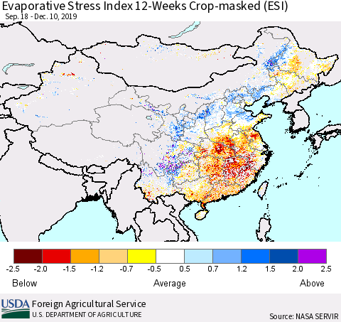 China, Mongolia and Taiwan Evaporative Stress Index (ESI), 12-Weeks over Croplands Thematic Map For 12/9/2019 - 12/15/2019