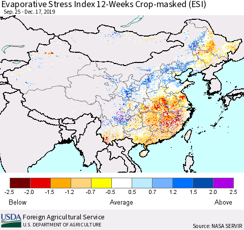China, Mongolia and Taiwan Evaporative Stress Index (ESI), 12-Weeks over Croplands Thematic Map For 12/16/2019 - 12/22/2019