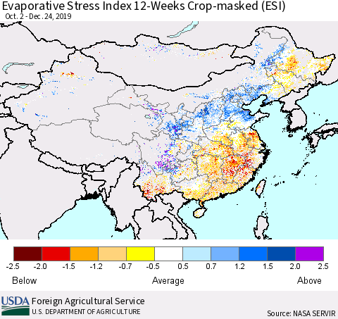 China, Mongolia and Taiwan Evaporative Stress Index (ESI), 12-Weeks over Croplands Thematic Map For 12/23/2019 - 12/29/2019