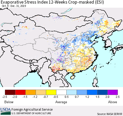 China, Mongolia and Taiwan Evaporative Stress Index (ESI), 12-Weeks over Croplands Thematic Map For 12/30/2019 - 1/5/2020