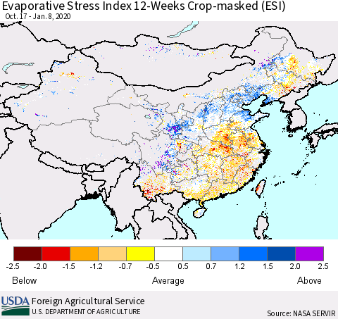 China, Mongolia and Taiwan Evaporative Stress Index (ESI), 12-Weeks over Croplands Thematic Map For 1/6/2020 - 1/12/2020