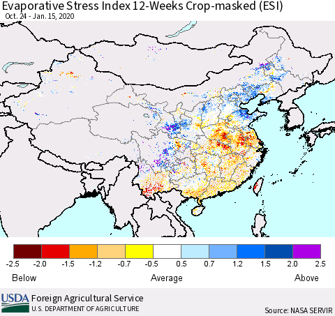 China, Mongolia and Taiwan Evaporative Stress Index (ESI), 12-Weeks over Croplands Thematic Map For 1/13/2020 - 1/19/2020