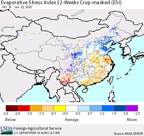 China, Mongolia and Taiwan Evaporative Stress Index (ESI), 12-Weeks over Croplands Thematic Map For 1/20/2020 - 1/26/2020