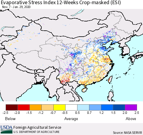 China, Mongolia and Taiwan Evaporative Stress Index (ESI), 12-Weeks over Croplands Thematic Map For 1/27/2020 - 2/2/2020