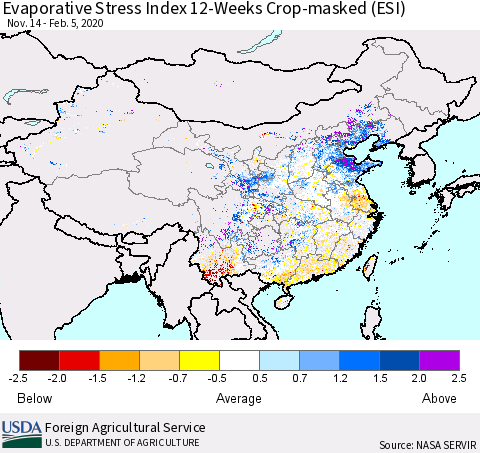 China, Mongolia and Taiwan Evaporative Stress Index (ESI), 12-Weeks over Croplands Thematic Map For 2/3/2020 - 2/9/2020