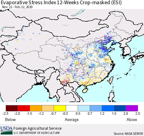 China, Mongolia and Taiwan Evaporative Stress Index (ESI), 12-Weeks over Croplands Thematic Map For 2/10/2020 - 2/16/2020