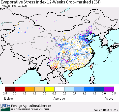 China, Mongolia and Taiwan Evaporative Stress Index (ESI), 12-Weeks over Croplands Thematic Map For 2/17/2020 - 2/23/2020