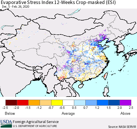 China, Mongolia and Taiwan Evaporative Stress Index (ESI), 12-Weeks over Croplands Thematic Map For 2/24/2020 - 3/1/2020
