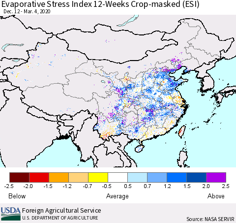 China, Mongolia and Taiwan Evaporative Stress Index (ESI), 12-Weeks over Croplands Thematic Map For 3/2/2020 - 3/8/2020