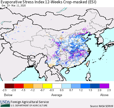 China, Mongolia and Taiwan Evaporative Stress Index (ESI), 12-Weeks over Croplands Thematic Map For 3/9/2020 - 3/15/2020