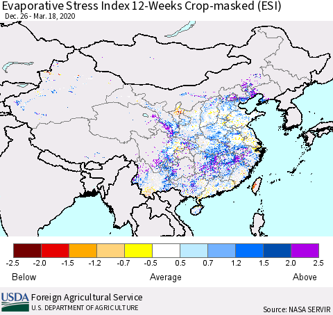 China, Mongolia and Taiwan Evaporative Stress Index (ESI), 12-Weeks over Croplands Thematic Map For 3/16/2020 - 3/22/2020