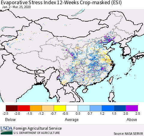 China, Mongolia and Taiwan Evaporative Stress Index (ESI), 12-Weeks over Croplands Thematic Map For 3/23/2020 - 3/29/2020