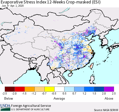 China, Mongolia and Taiwan Evaporative Stress Index (ESI), 12-Weeks over Croplands Thematic Map For 3/30/2020 - 4/5/2020