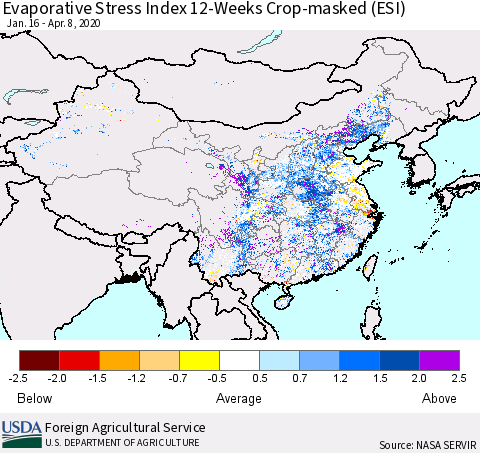 China, Mongolia and Taiwan Evaporative Stress Index (ESI), 12-Weeks over Croplands Thematic Map For 4/6/2020 - 4/12/2020