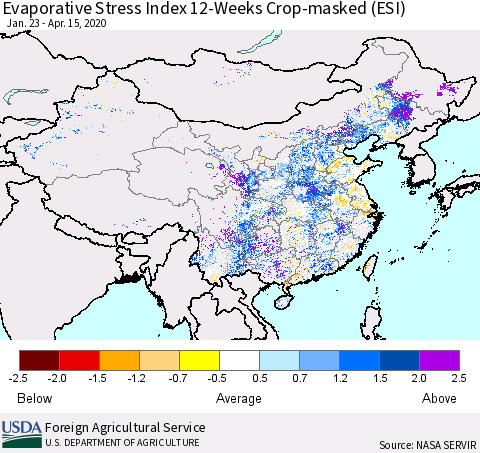 China, Mongolia and Taiwan Evaporative Stress Index (ESI), 12-Weeks over Croplands Thematic Map For 4/13/2020 - 4/19/2020