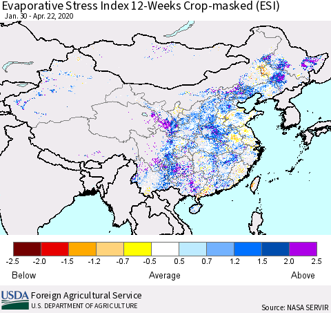 China, Mongolia and Taiwan Evaporative Stress Index (ESI), 12-Weeks over Croplands Thematic Map For 4/20/2020 - 4/26/2020
