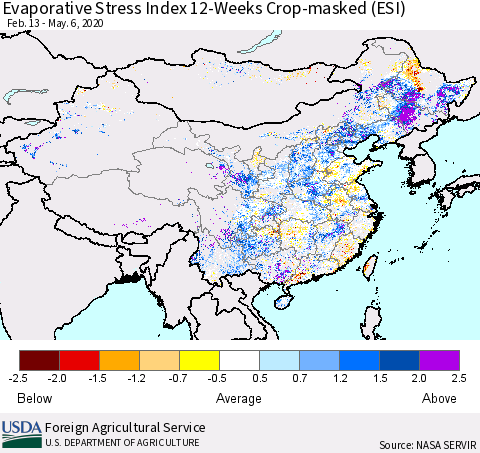 China, Mongolia and Taiwan Evaporative Stress Index (ESI), 12-Weeks over Croplands Thematic Map For 5/4/2020 - 5/10/2020