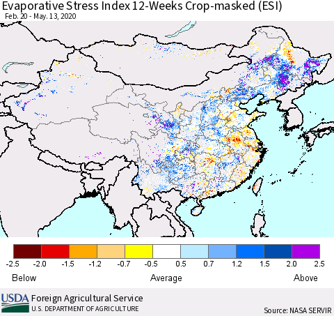 China, Mongolia and Taiwan Evaporative Stress Index (ESI), 12-Weeks over Croplands Thematic Map For 5/11/2020 - 5/17/2020