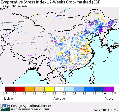China, Mongolia and Taiwan Evaporative Stress Index (ESI), 12-Weeks over Croplands Thematic Map For 5/18/2020 - 5/24/2020