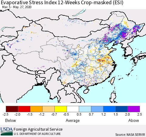 China, Mongolia and Taiwan Evaporative Stress Index (ESI), 12-Weeks over Croplands Thematic Map For 5/25/2020 - 5/31/2020