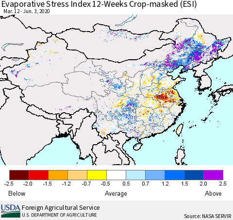 China, Mongolia and Taiwan Evaporative Stress Index (ESI), 12-Weeks over Croplands Thematic Map For 6/1/2020 - 6/7/2020