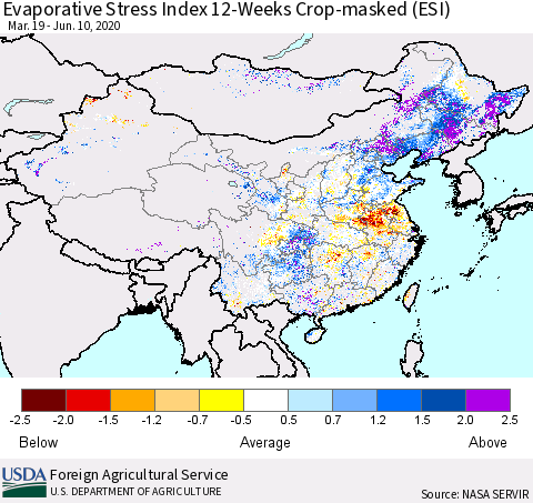 China, Mongolia and Taiwan Evaporative Stress Index (ESI), 12-Weeks over Croplands Thematic Map For 6/8/2020 - 6/14/2020