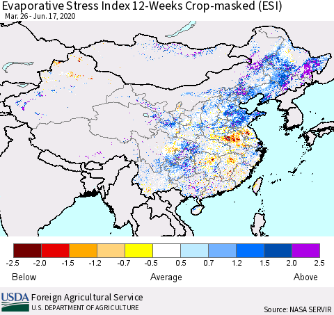 China, Mongolia and Taiwan Evaporative Stress Index (ESI), 12-Weeks over Croplands Thematic Map For 6/15/2020 - 6/21/2020
