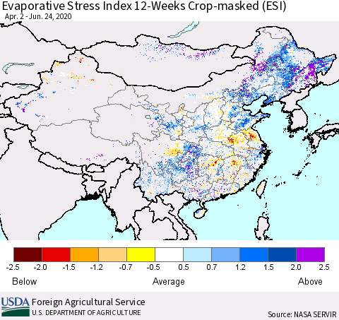 China, Mongolia and Taiwan Evaporative Stress Index (ESI), 12-Weeks over Croplands Thematic Map For 6/22/2020 - 6/28/2020