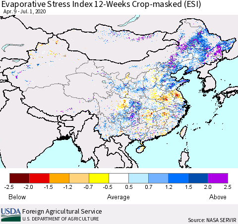 China, Mongolia and Taiwan Evaporative Stress Index (ESI), 12-Weeks over Croplands Thematic Map For 6/29/2020 - 7/5/2020