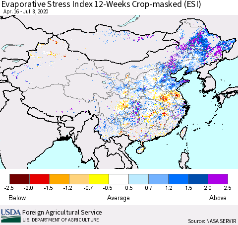 China, Mongolia and Taiwan Evaporative Stress Index (ESI), 12-Weeks over Croplands Thematic Map For 7/6/2020 - 7/12/2020