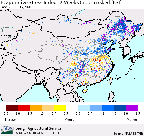 China, Mongolia and Taiwan Evaporative Stress Index (ESI), 12-Weeks over Croplands Thematic Map For 7/13/2020 - 7/19/2020