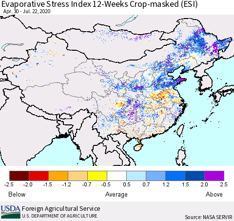 China, Mongolia and Taiwan Evaporative Stress Index (ESI), 12-Weeks over Croplands Thematic Map For 7/20/2020 - 7/26/2020