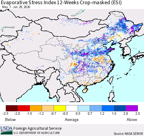 China, Mongolia and Taiwan Evaporative Stress Index (ESI), 12-Weeks over Croplands Thematic Map For 7/27/2020 - 8/2/2020