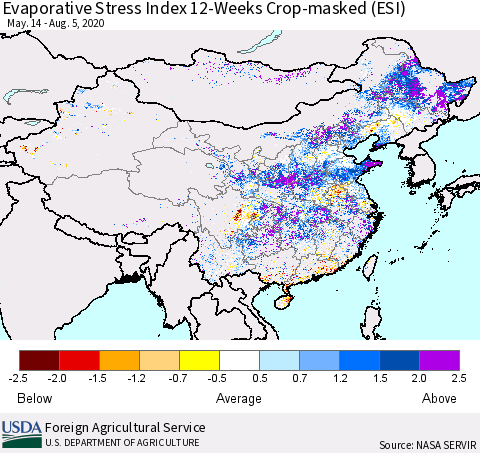 China, Mongolia and Taiwan Evaporative Stress Index (ESI), 12-Weeks over Croplands Thematic Map For 8/3/2020 - 8/9/2020