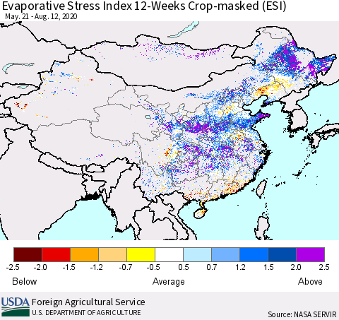 China, Mongolia and Taiwan Evaporative Stress Index (ESI), 12-Weeks over Croplands Thematic Map For 8/10/2020 - 8/16/2020