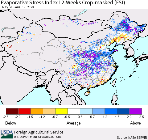 China, Mongolia and Taiwan Evaporative Stress Index (ESI), 12-Weeks over Croplands Thematic Map For 8/17/2020 - 8/23/2020