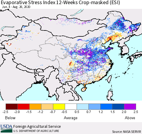 China, Mongolia and Taiwan Evaporative Stress Index (ESI), 12-Weeks over Croplands Thematic Map For 8/24/2020 - 8/30/2020