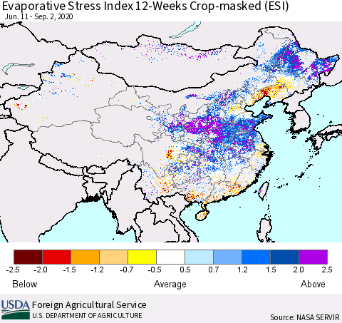 China, Mongolia and Taiwan Evaporative Stress Index (ESI), 12-Weeks over Croplands Thematic Map For 8/31/2020 - 9/6/2020