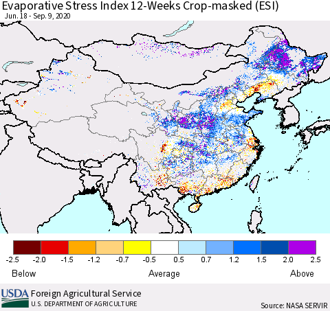China, Mongolia and Taiwan Evaporative Stress Index (ESI), 12-Weeks over Croplands Thematic Map For 9/7/2020 - 9/13/2020