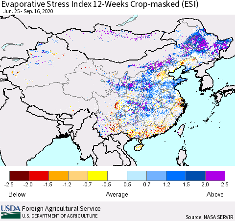 China, Mongolia and Taiwan Evaporative Stress Index (ESI), 12-Weeks over Croplands Thematic Map For 9/14/2020 - 9/20/2020