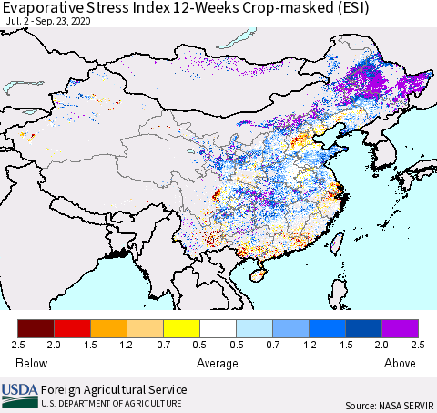 China, Mongolia and Taiwan Evaporative Stress Index (ESI), 12-Weeks over Croplands Thematic Map For 9/21/2020 - 9/27/2020