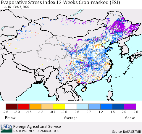 China, Mongolia and Taiwan Evaporative Stress Index (ESI), 12-Weeks over Croplands Thematic Map For 10/5/2020 - 10/11/2020