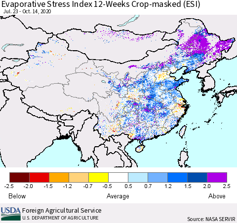 China, Mongolia and Taiwan Evaporative Stress Index (ESI), 12-Weeks over Croplands Thematic Map For 10/12/2020 - 10/18/2020