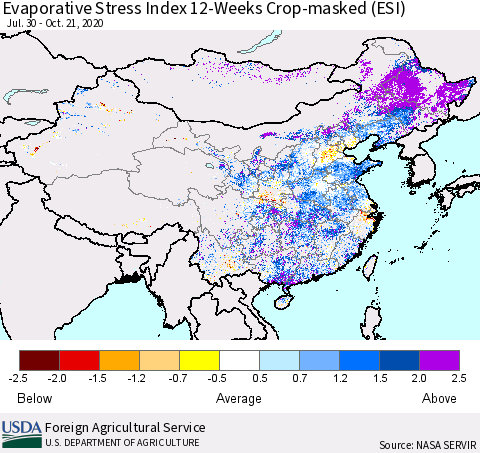 China, Mongolia and Taiwan Evaporative Stress Index (ESI), 12-Weeks over Croplands Thematic Map For 10/19/2020 - 10/25/2020