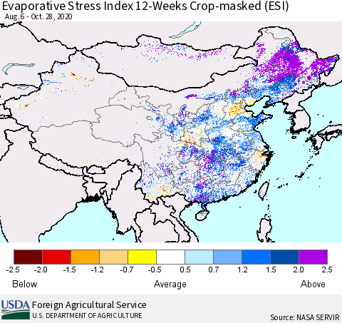 China, Mongolia and Taiwan Evaporative Stress Index (ESI), 12-Weeks over Croplands Thematic Map For 10/26/2020 - 11/1/2020